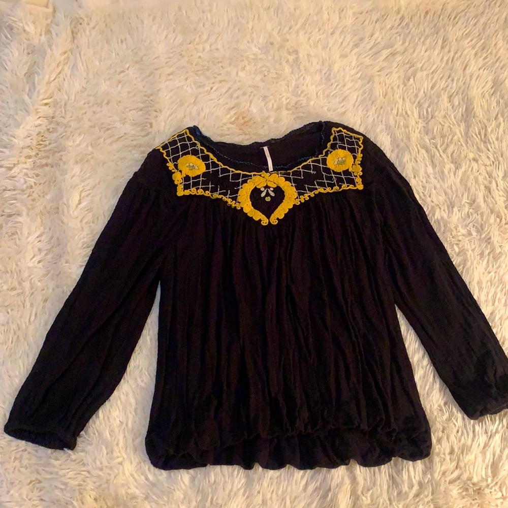 Free People black Top, Size S, embroidery detailing